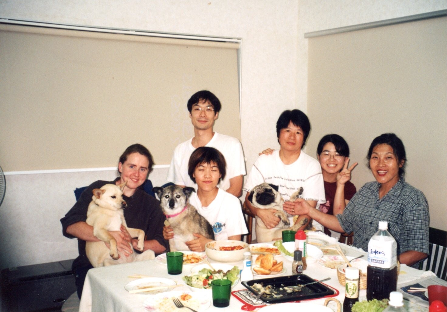 フレンドと一緒に写った茶色雑種とパグ犬